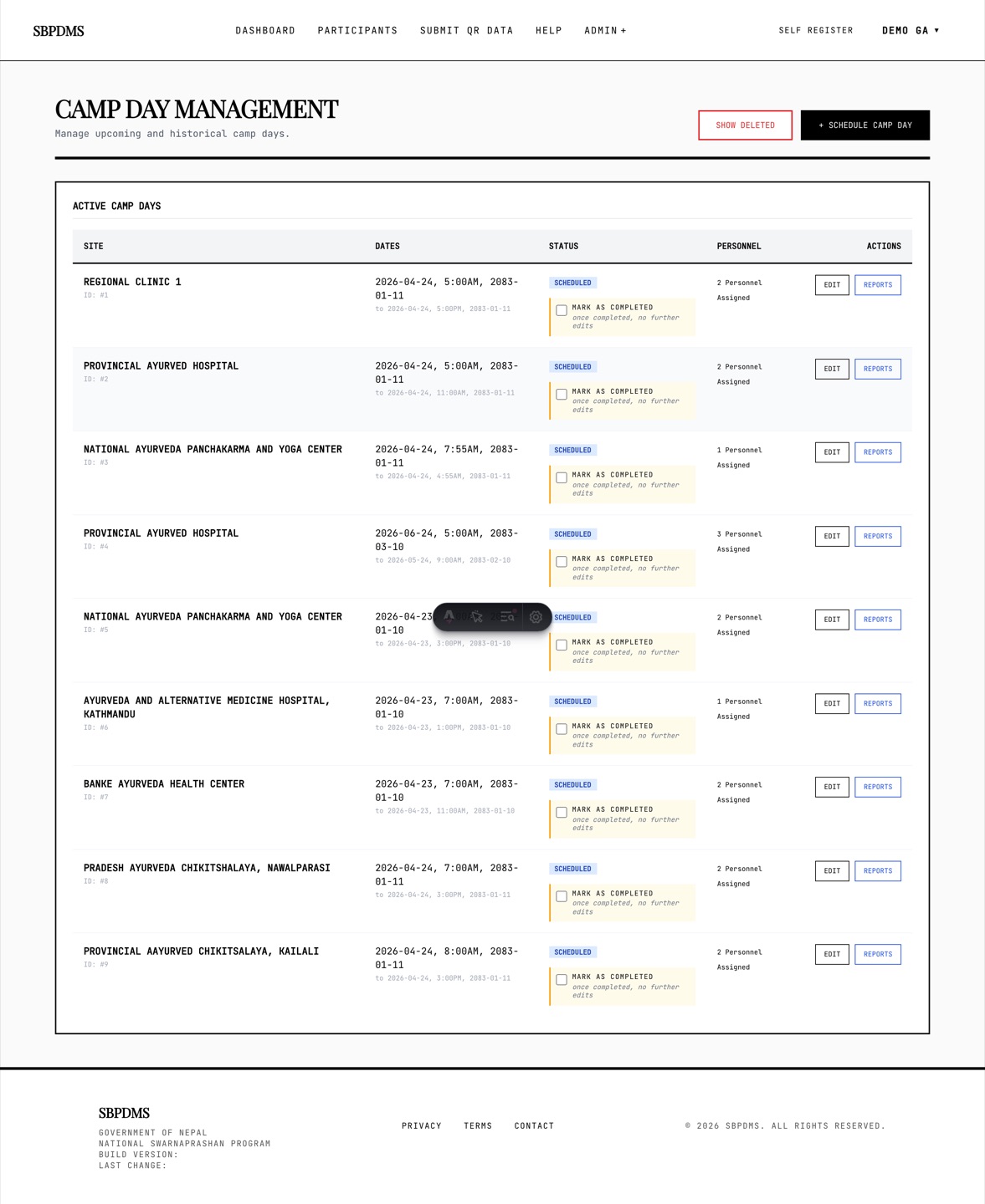 The Camp Days list