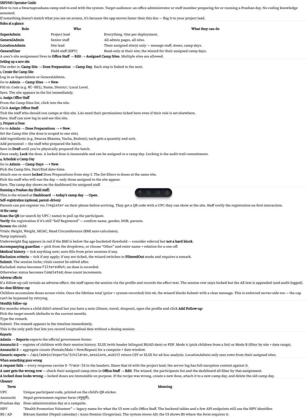 The in-app Help page, titled SBPDMS Operator Guide, with a contents list on the left