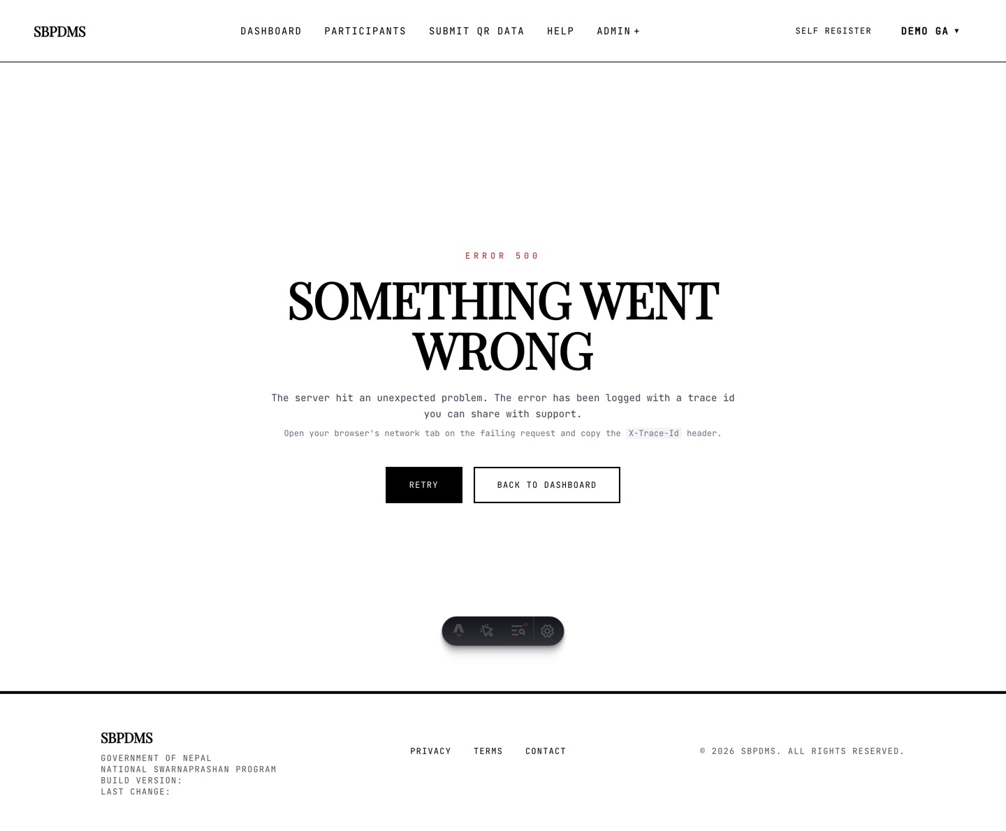 The branded 500 page with the heading Something went wrong, a note about the trace id, and Retry and Back to dashboard buttons